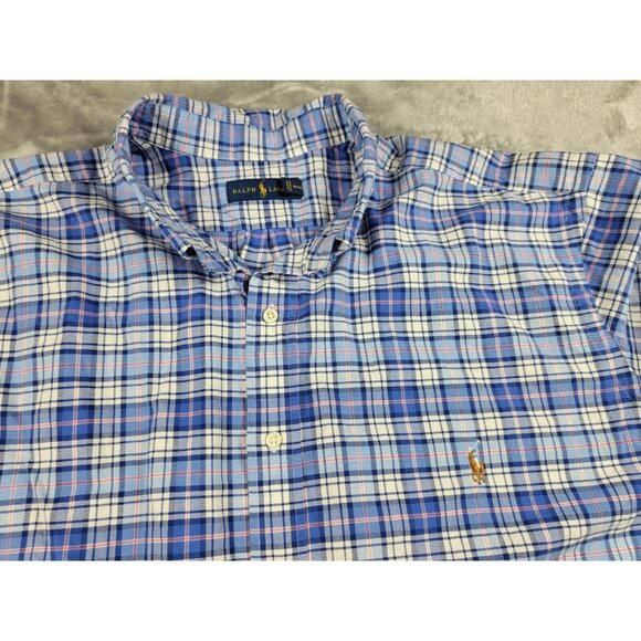Ralph Lauren Shirt Mens 3XB Blue Pink Button Up Long Sleeve Plaid‎ Flesh Pony - Picture 1 of 7